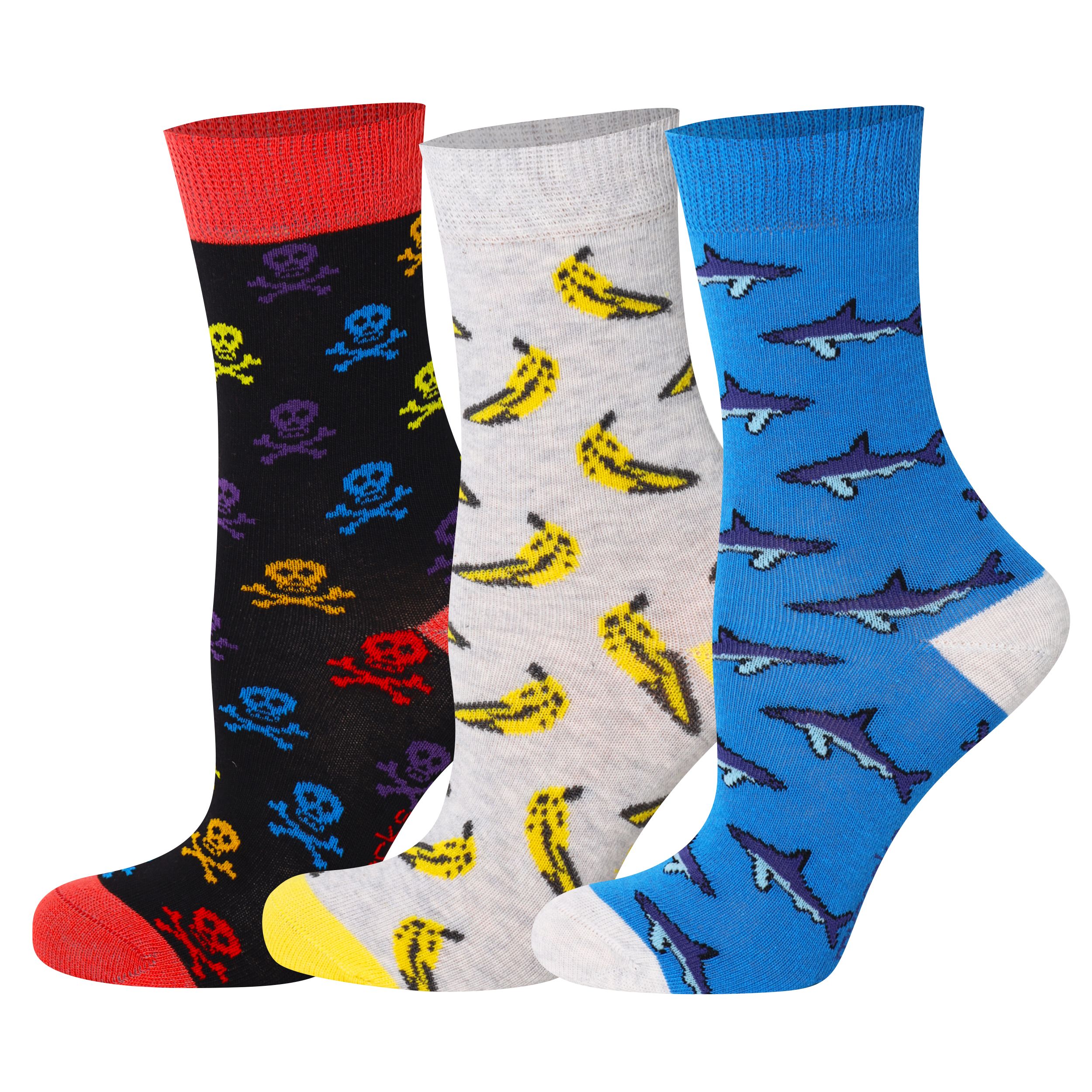 Mysocks kids 3-pair crew socks pack featuring fun shark and banana patterns