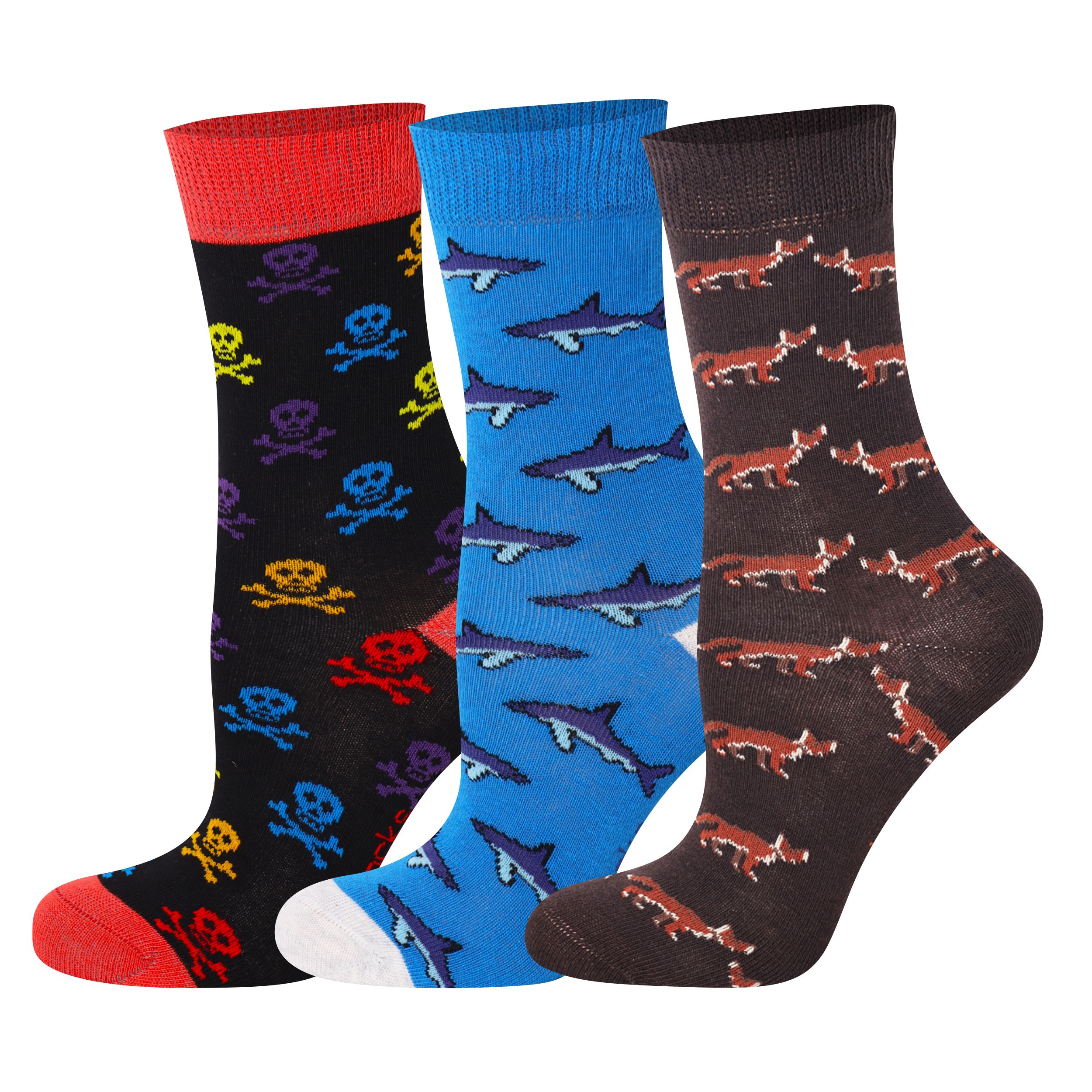 Mysocks kids 3-pair crew socks pack featuring fun shark and banana patterns