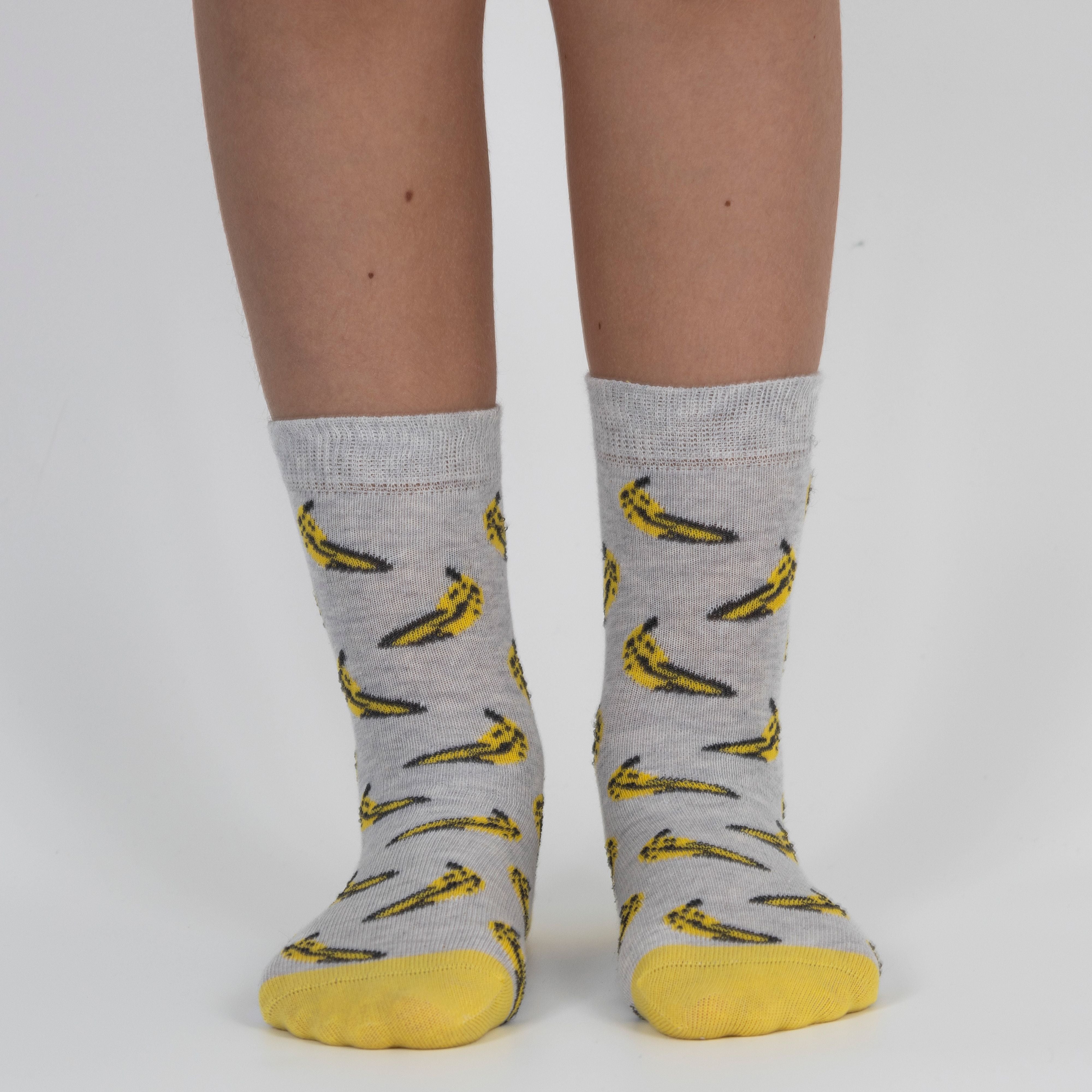Mysocks kids 3-pair crew socks pack featuring fun shark and banana patterns