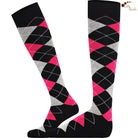 Knee-high socks with black, pink, and gray argyle pattern on a white background