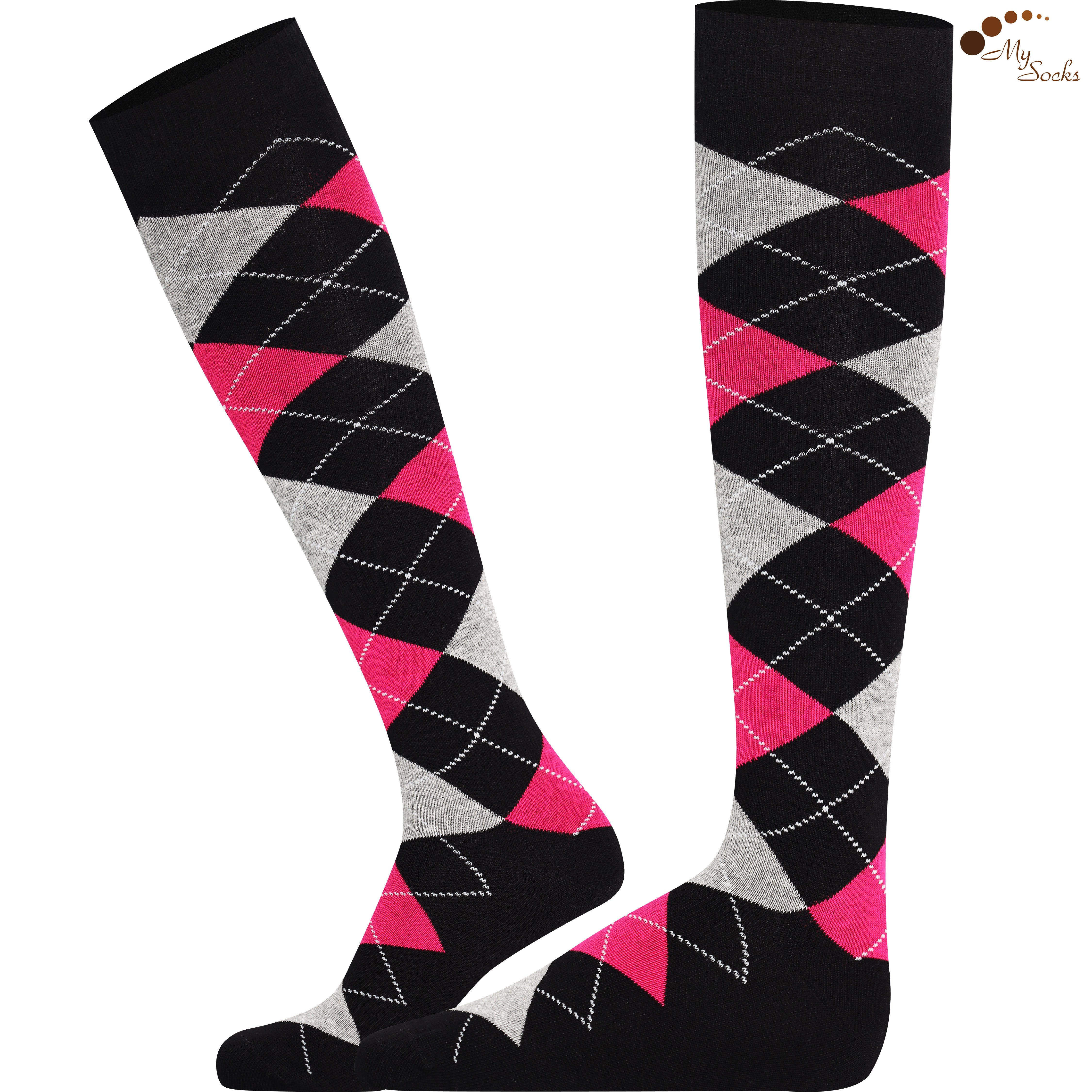 Knee-high socks with black, pink, and gray argyle pattern on a white background