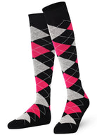 Knee-high socks with black, pink, and gray argyle pattern on a white background