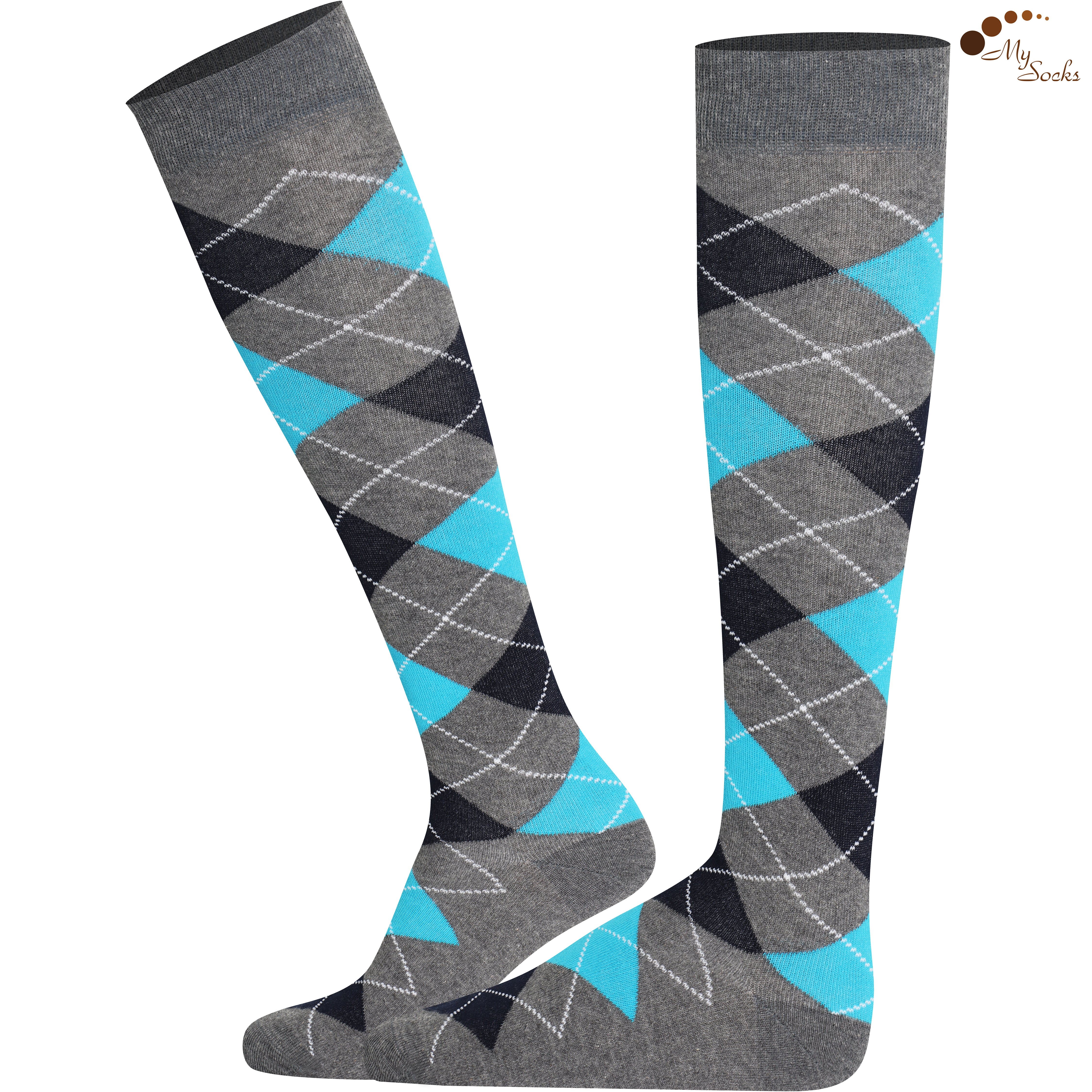 Pair of gray and blue argyle patterned knee-high socks on a white background