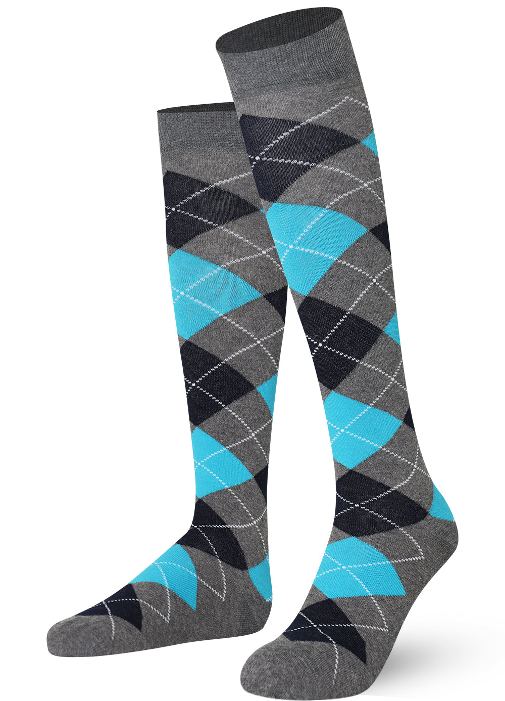Gray and blue argyle patterned knee-high socks on a white background