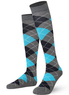 Gray and blue argyle patterned knee-high socks on a white background