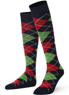 Knee-high socks with a colorful argyle pattern on a white background