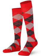 Red and black Mysocks kids knee high argyle socks featuring extra fine combed cotton and a seamless toe for comfort.