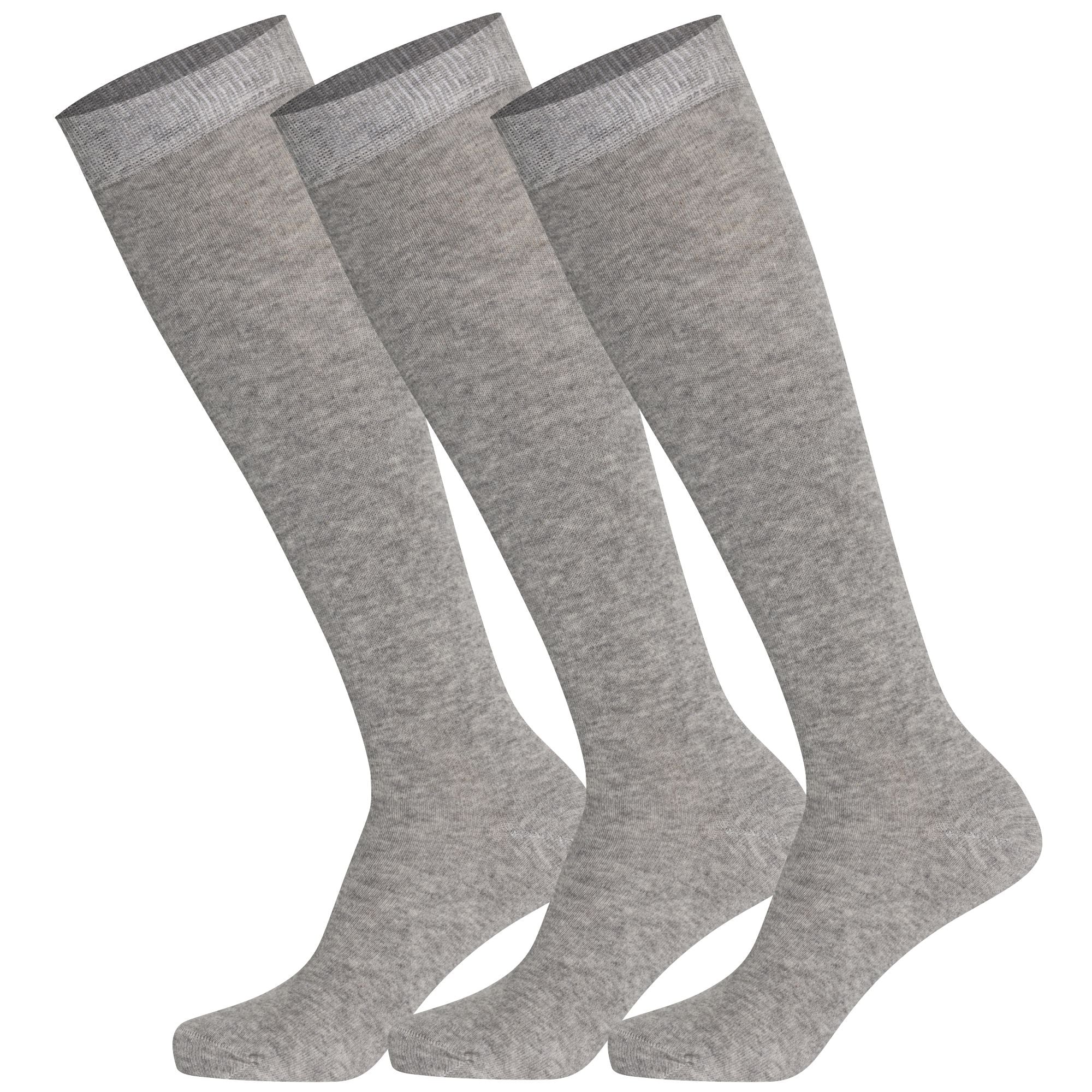 3 pairs of grey Mysocks plain kids knee-high socks made from combed cotton.
