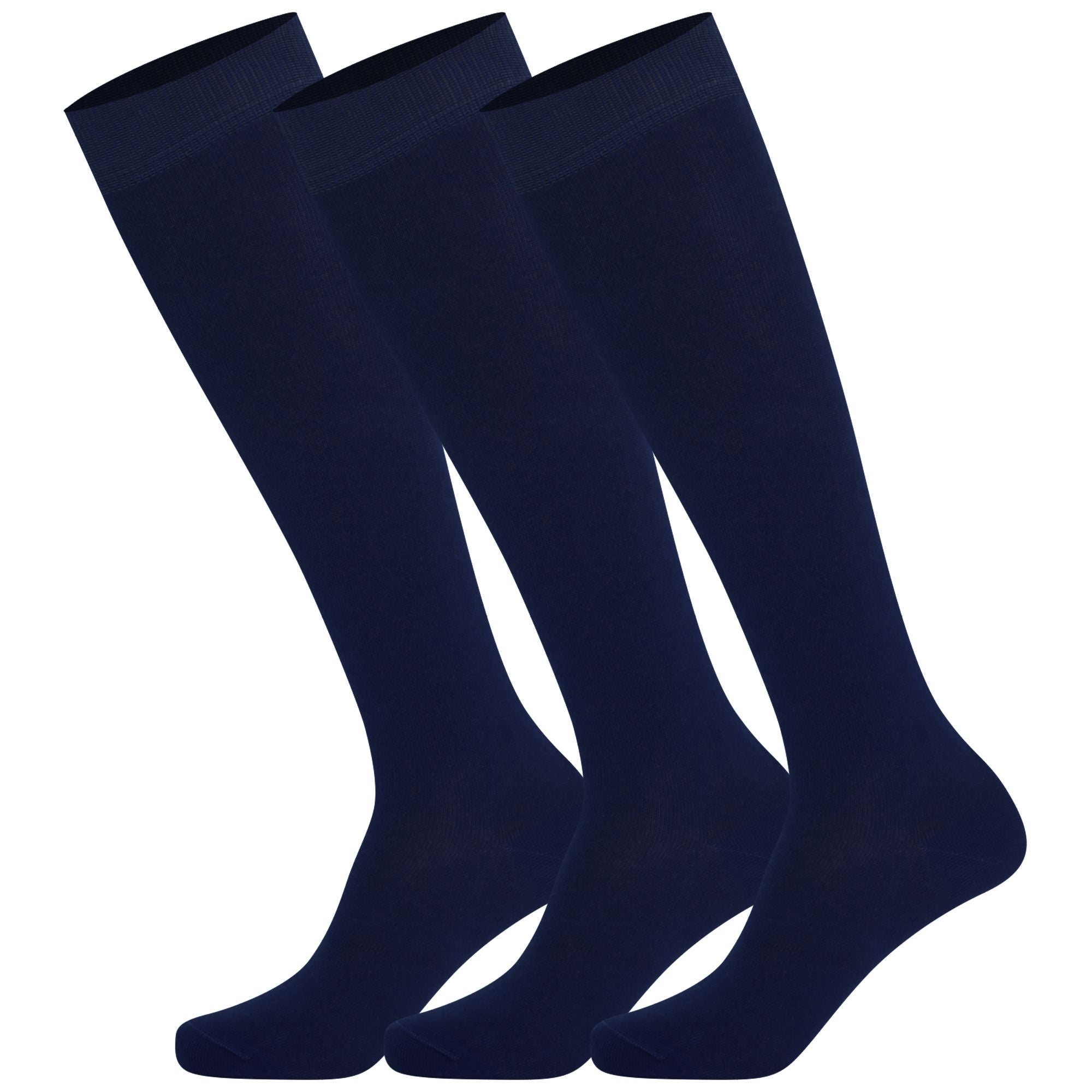 3 pairs of navy Mysocks plain kids knee-high socks made from combed cotton.
