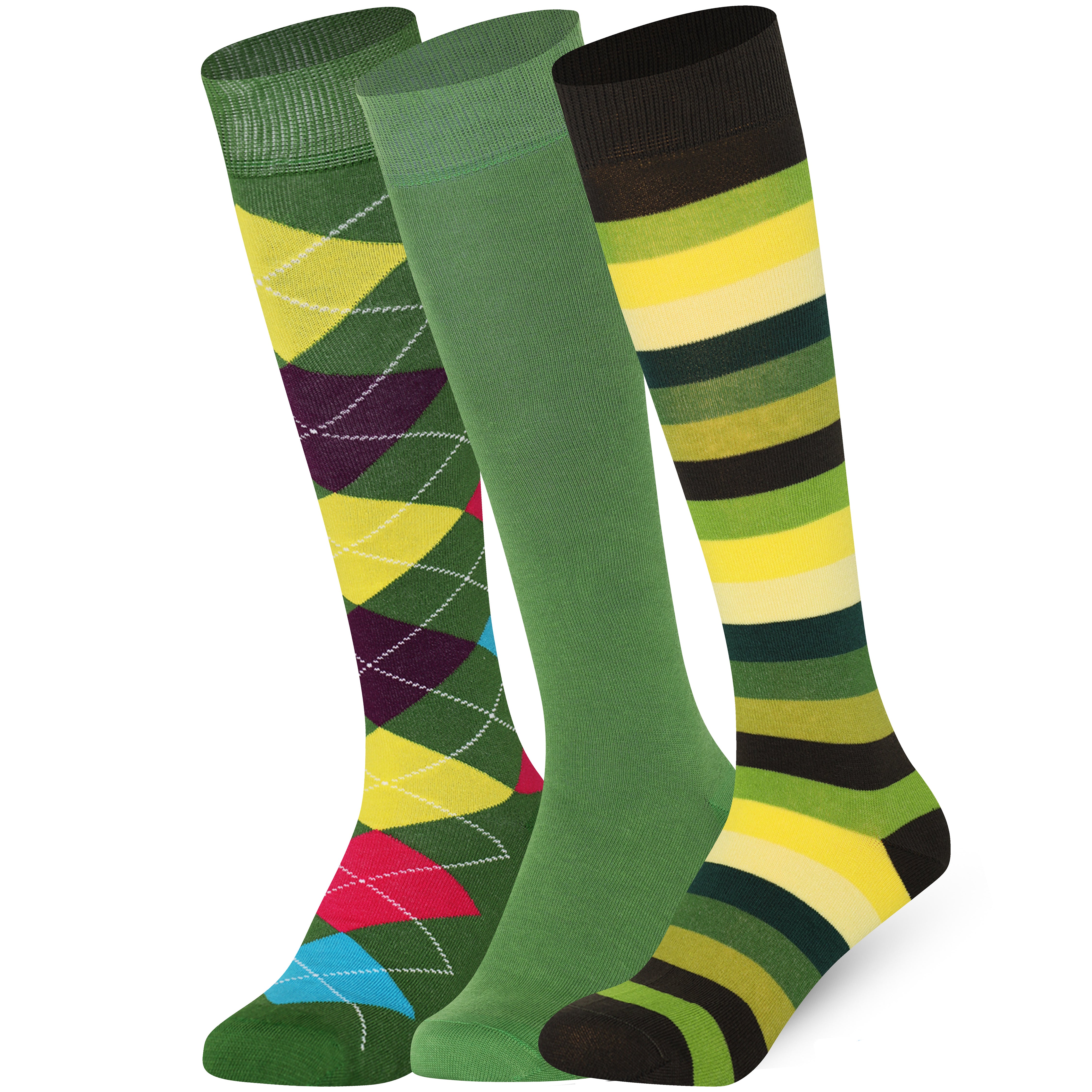 Three pairs of colorful knee-high socks on a white background