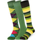 Three pairs of colorful knee-high socks on a white background