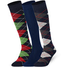 Three pairs of patterned knee-high socks on a white background