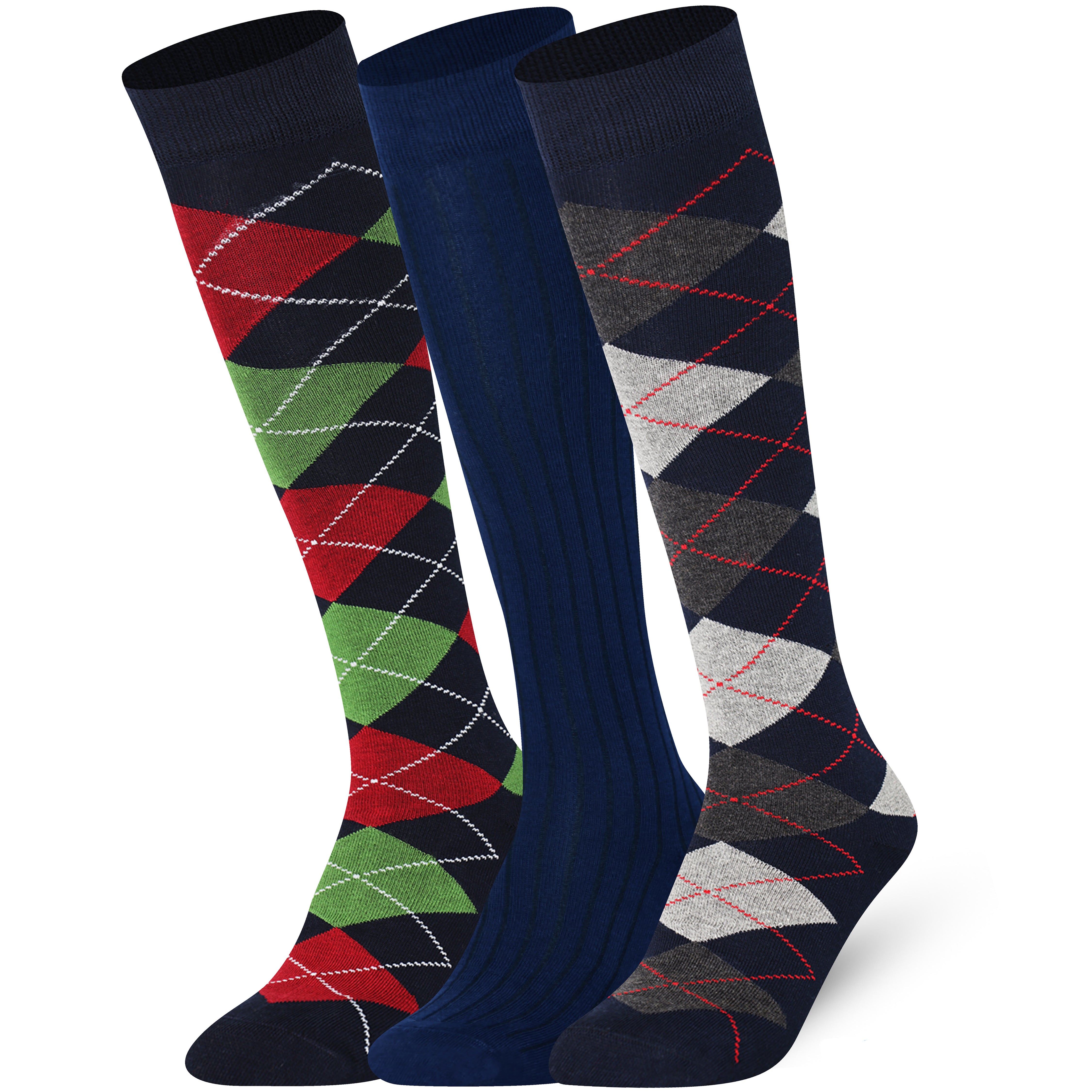 Three pairs of patterned knee-high socks on a white background