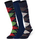 Three pairs of patterned knee-high socks on a white background