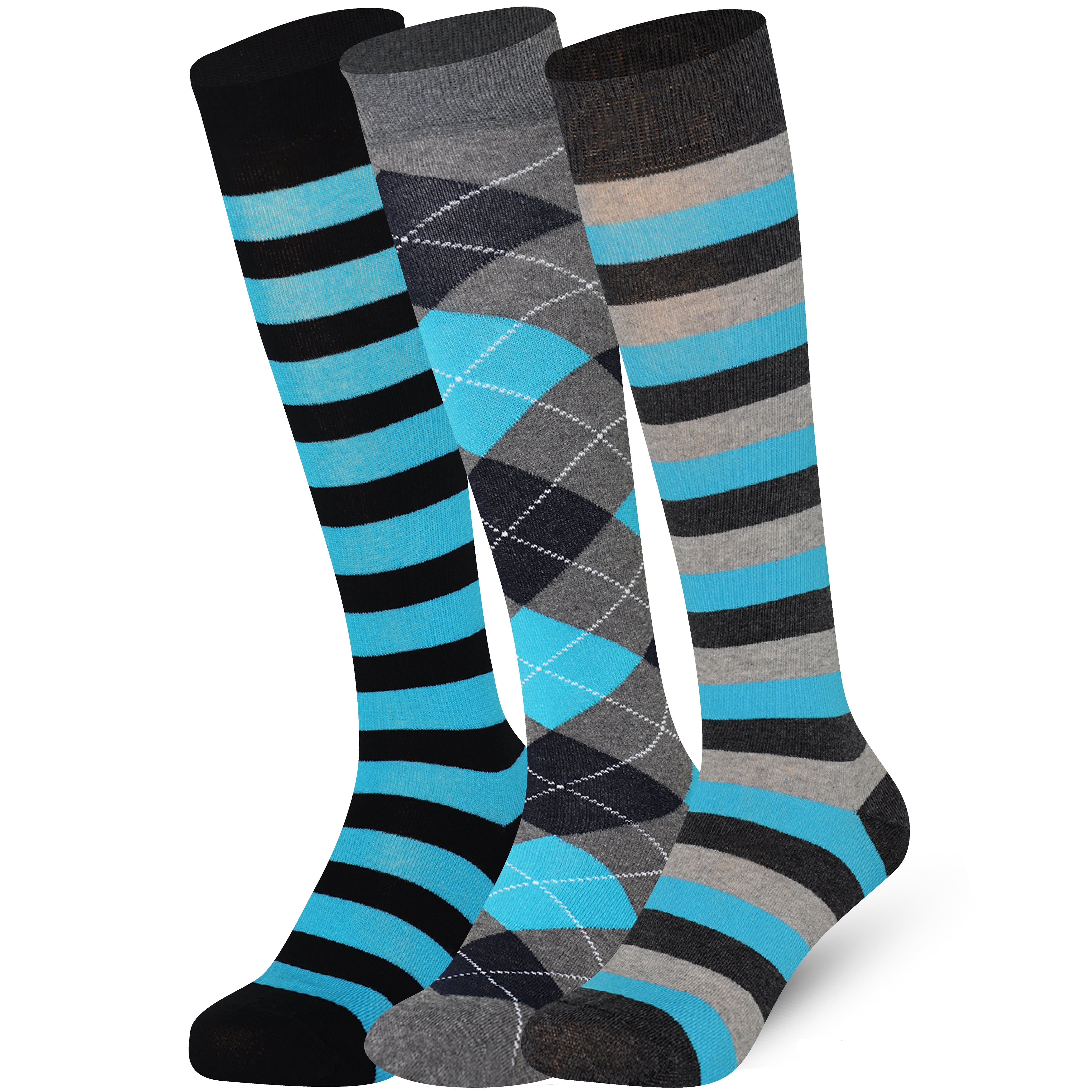 Three pairs of knee-high socks with blue and gray patterns on a white background