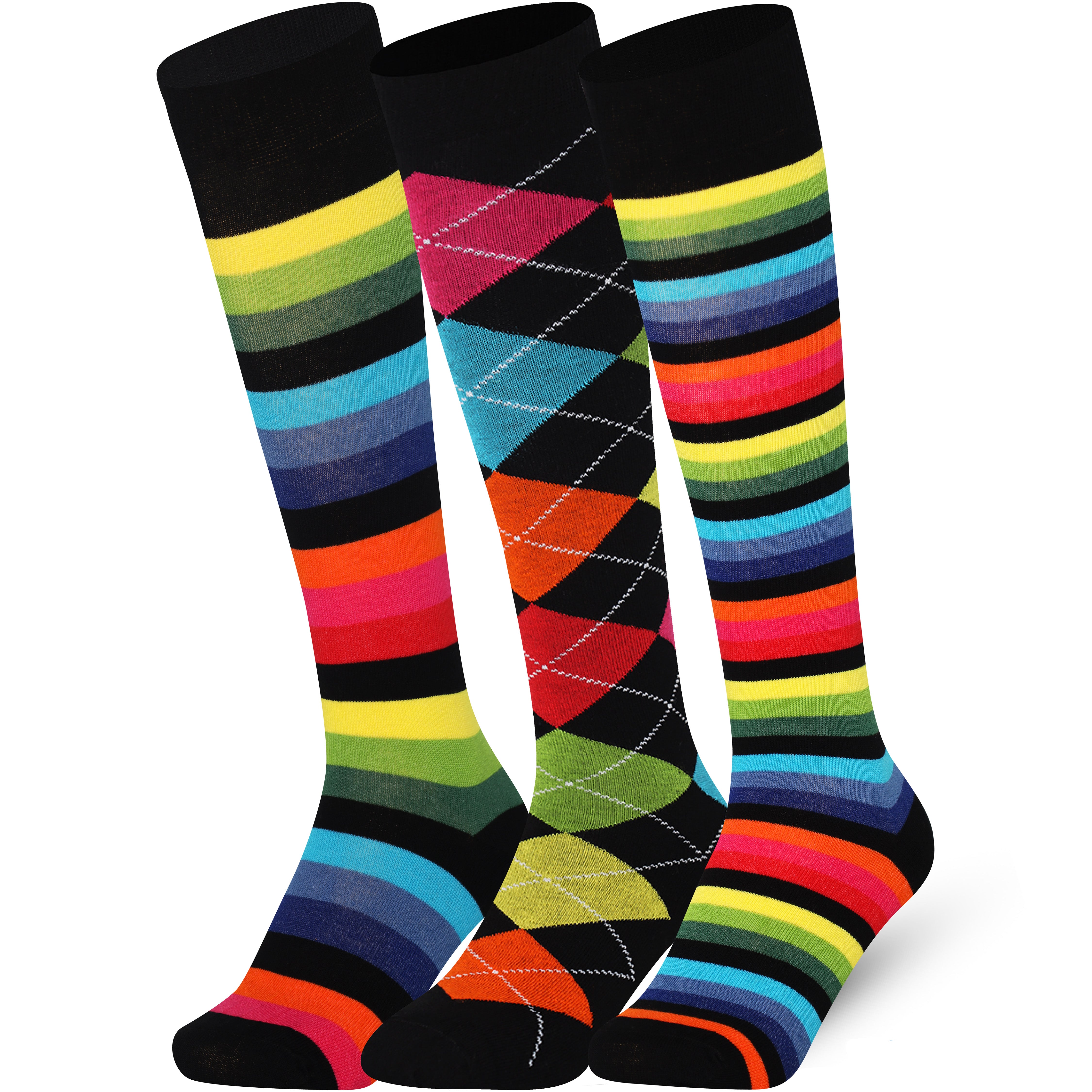 Three pairs of colorful knee-high socks on a white background