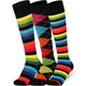 Three pairs of colorful knee-high socks on a white background