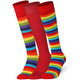 Red knee-high socks with multicolor stripes on a white background