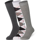 Three pairs of knee-high socks with different patterns in grey color