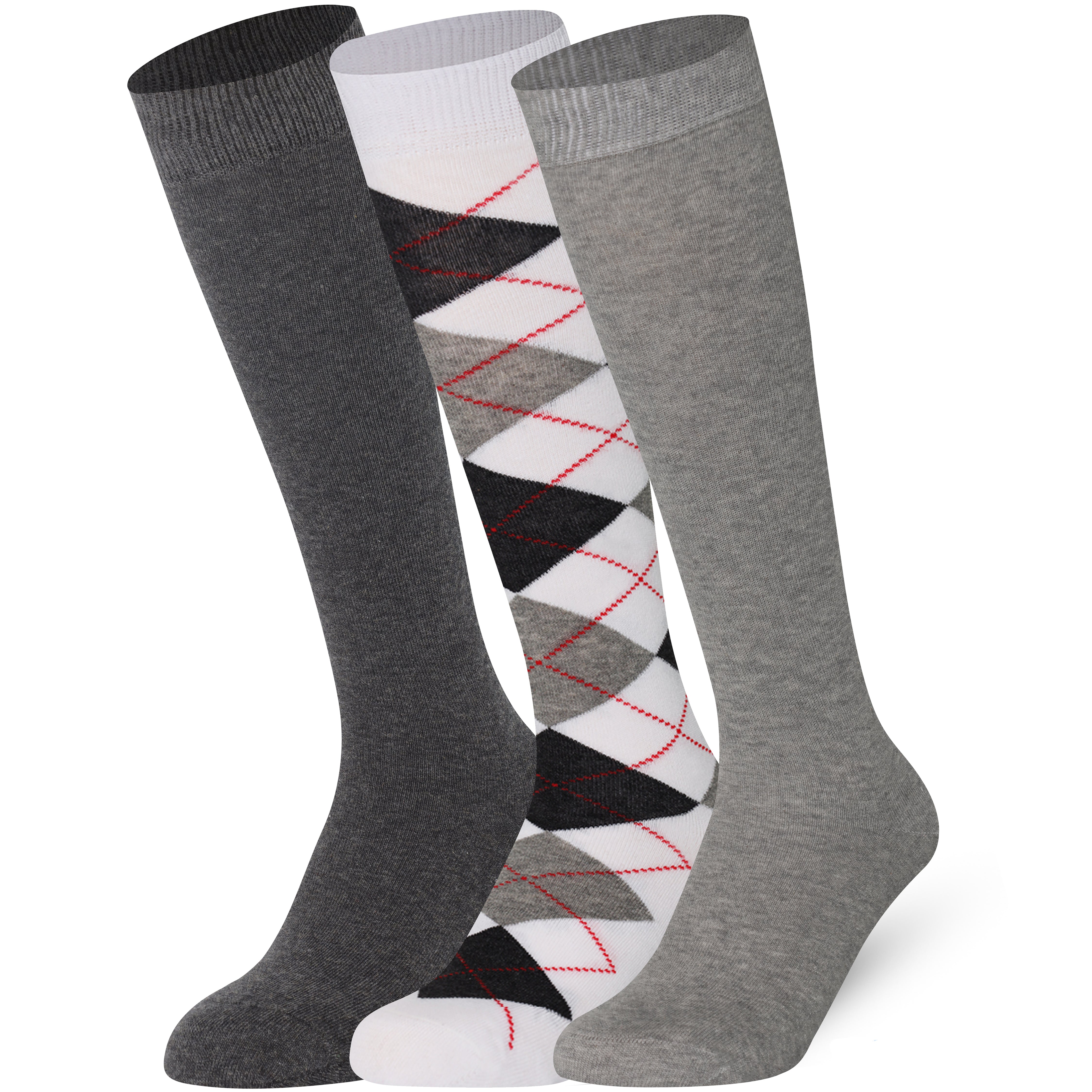 Three pairs of knee-high socks with different patterns in grey color