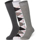 Three pairs of knee-high socks with different patterns in grey color