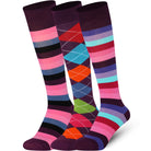 Three pairs of colorful patterned knee-high socks veraity of purple color