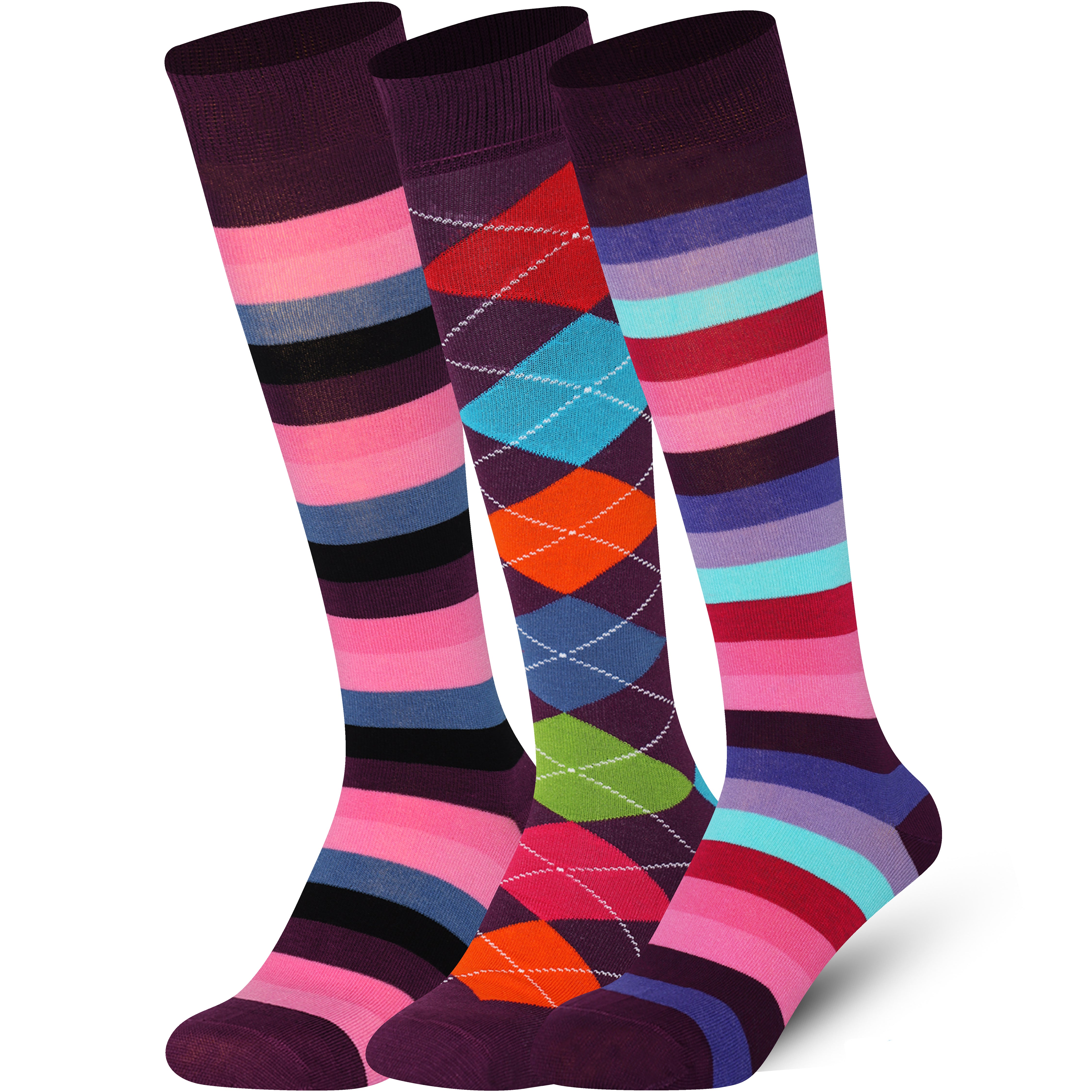 Three pairs of colorful patterned knee-high socks veraity of purple color