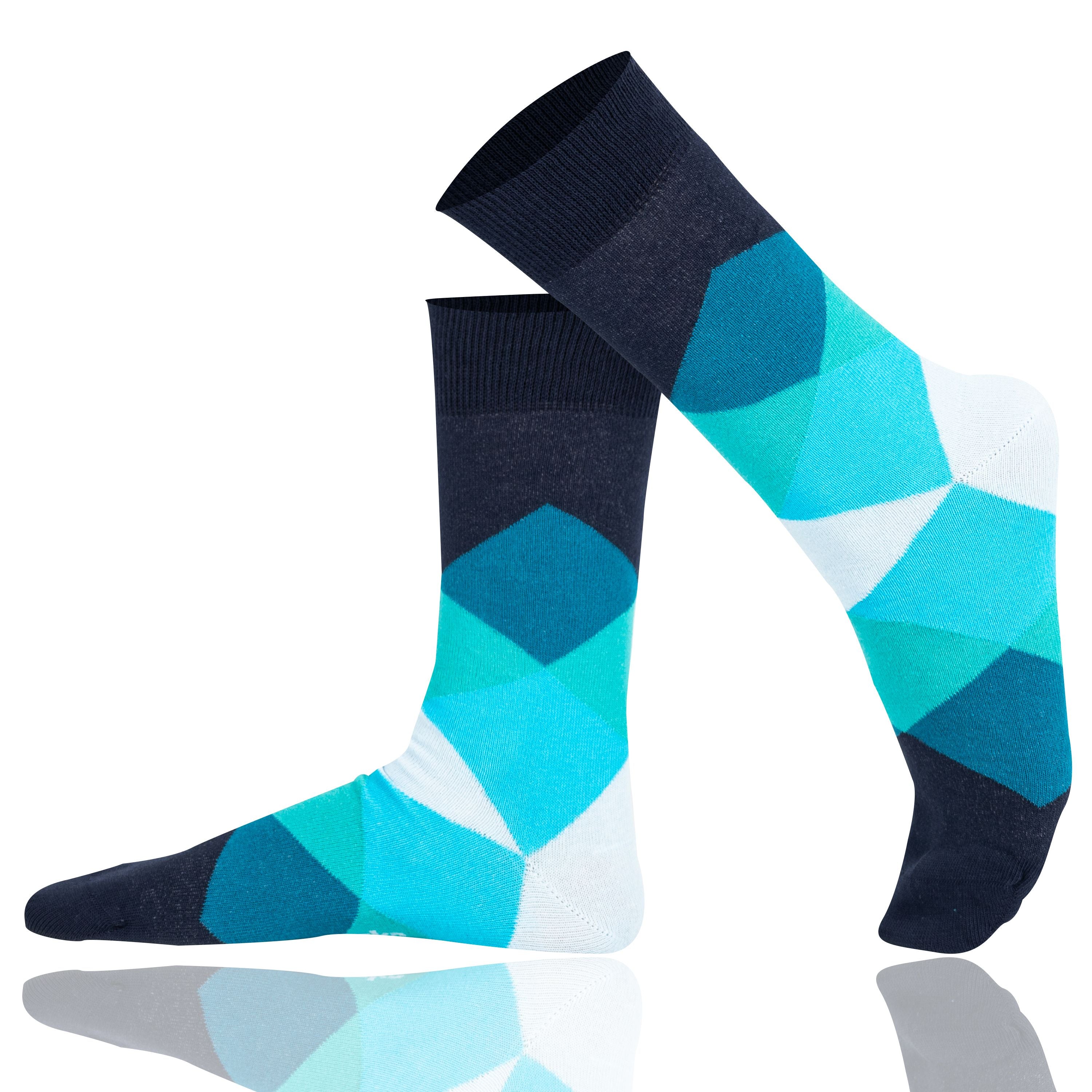 Mysocks unisex diamond design crew blue geometric pattern, featuring a seamless toe