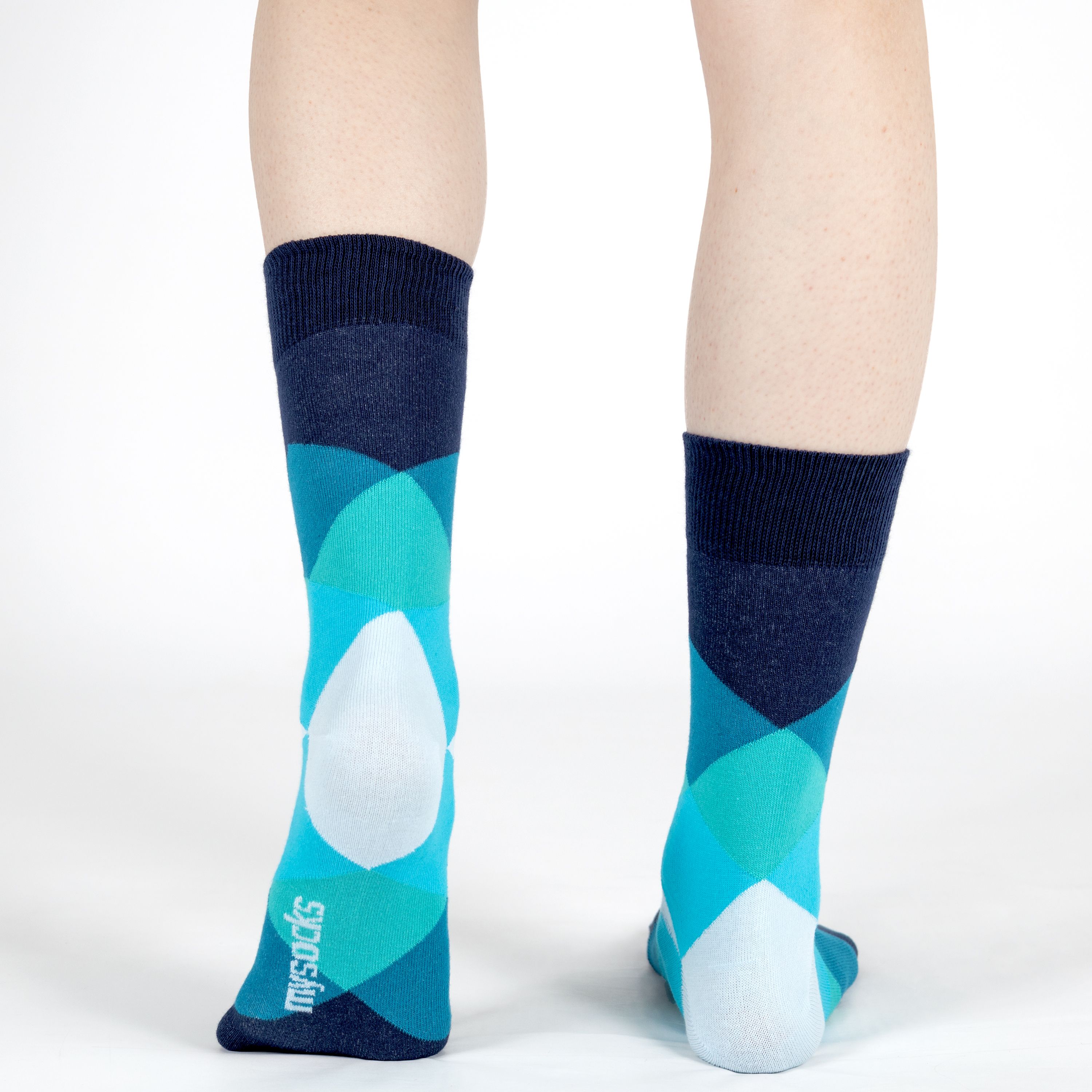 Mysocks unisex diamond design crew blue geometric pattern, featuring a seamless toe