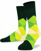 Mysocks unisex diamond design crew socks in a green and yellow geometric pattern, featuring a seamless toe