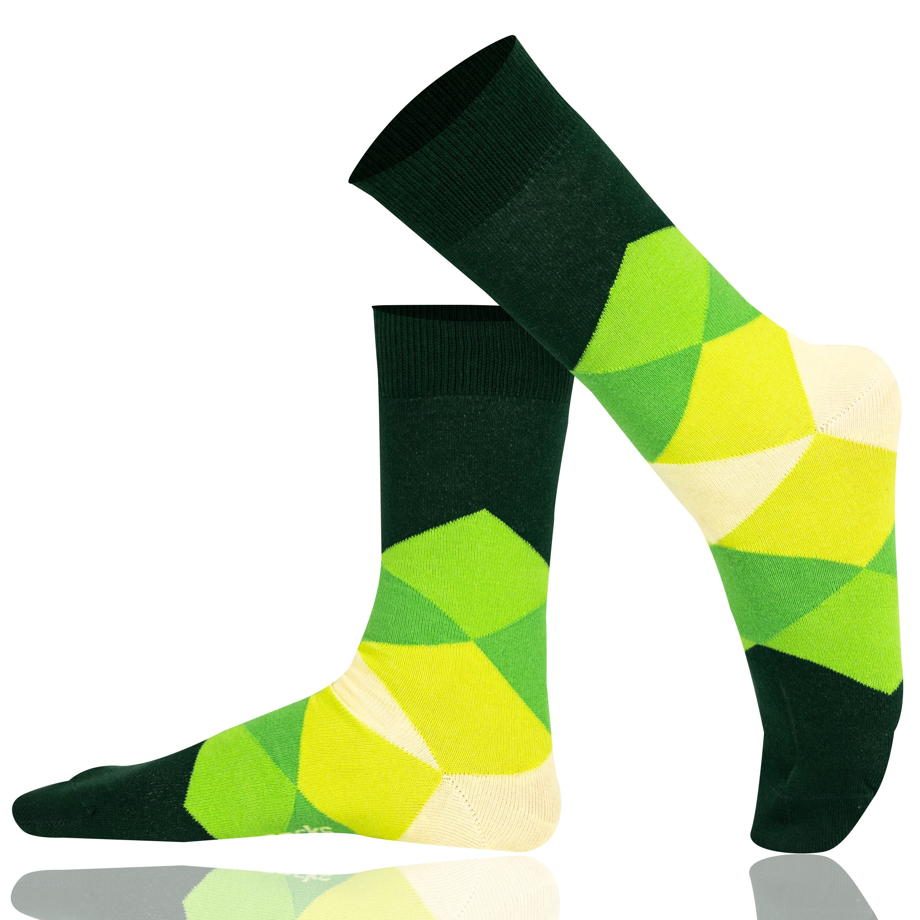 Mysocks unisex diamond design crew socks in a green and yellow geometric pattern, featuring a seamless toe