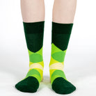 Mysocks unisex diamond design crew socks in a green and yellow geometric pattern, featuring a seamless toe