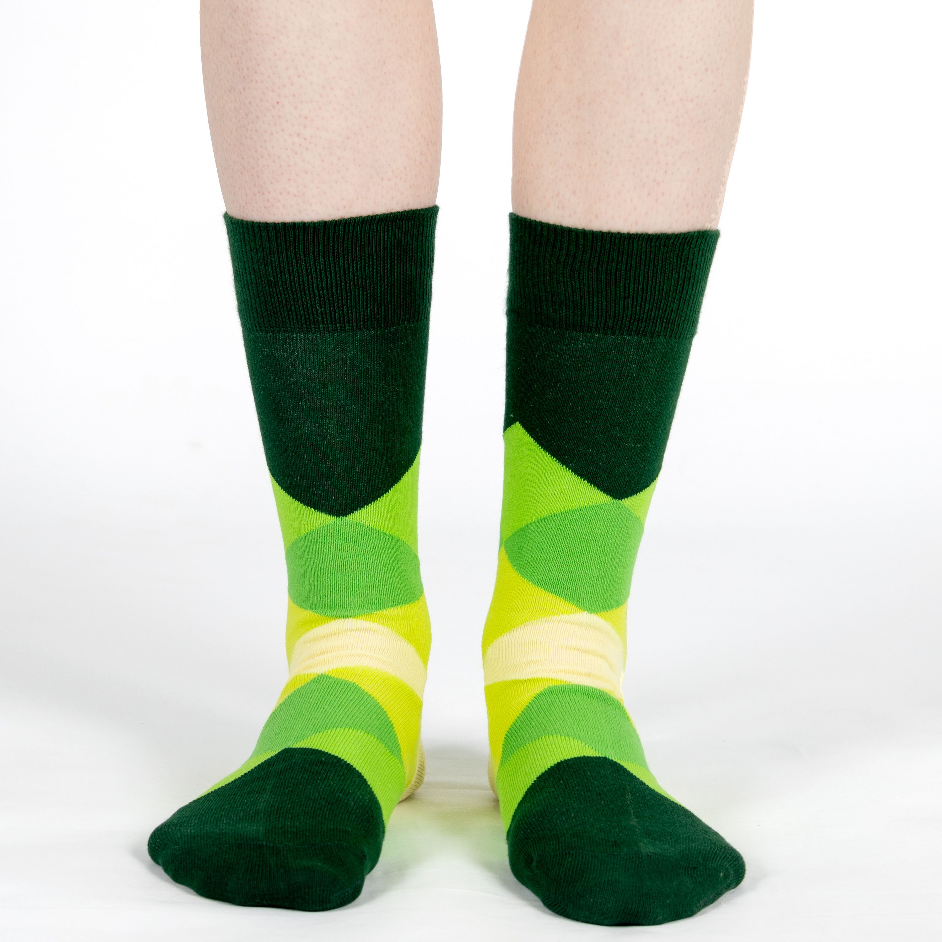 Mysocks unisex diamond design crew socks in a green and yellow geometric pattern, featuring a seamless toe