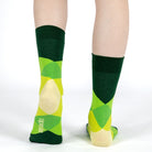 Mysocks unisex diamond design crew socks in a green and yellow geometric pattern, featuring a seamless toe