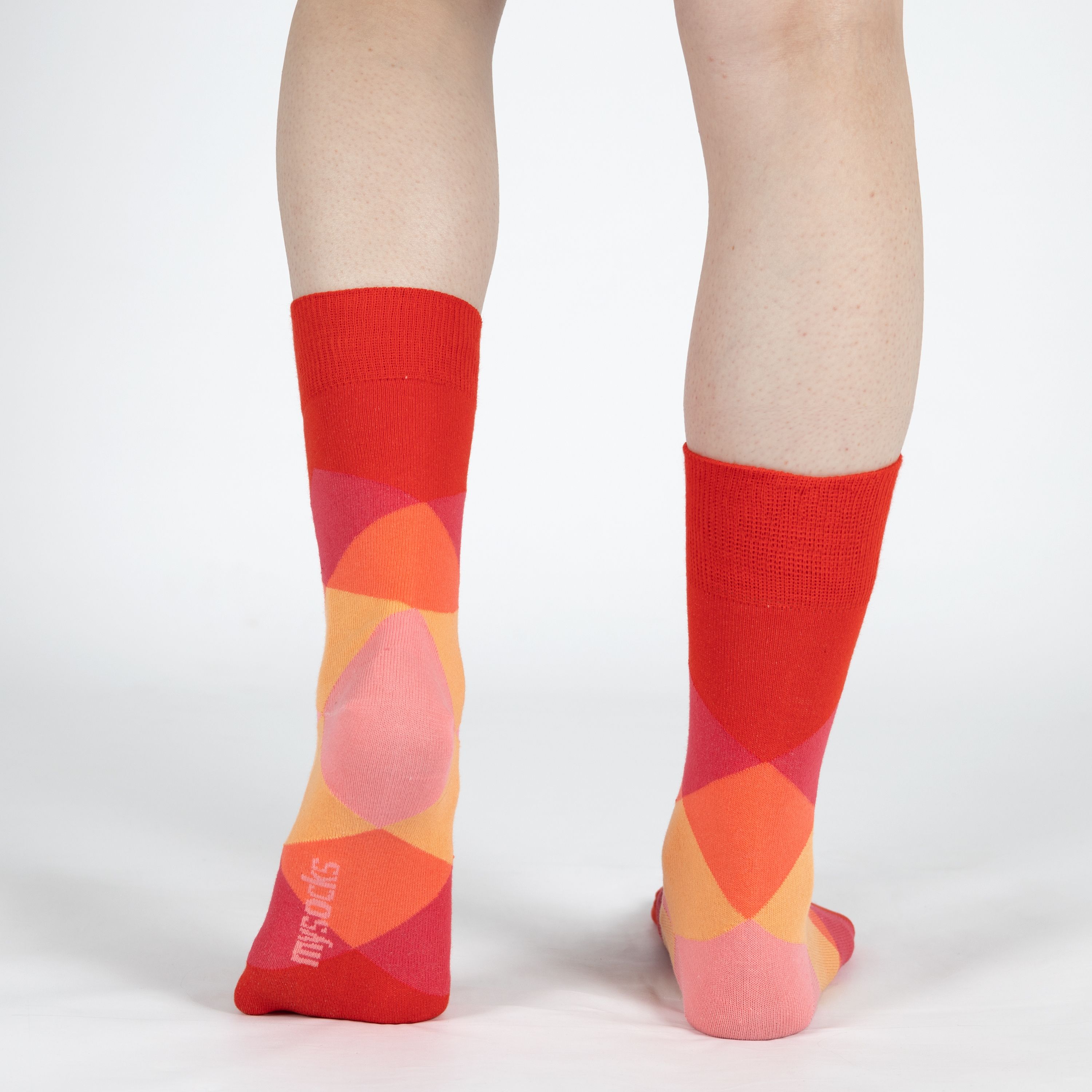 Mysocks unisex diamond design crew yellow in a orange geometric pattern, featuring a seamless toe