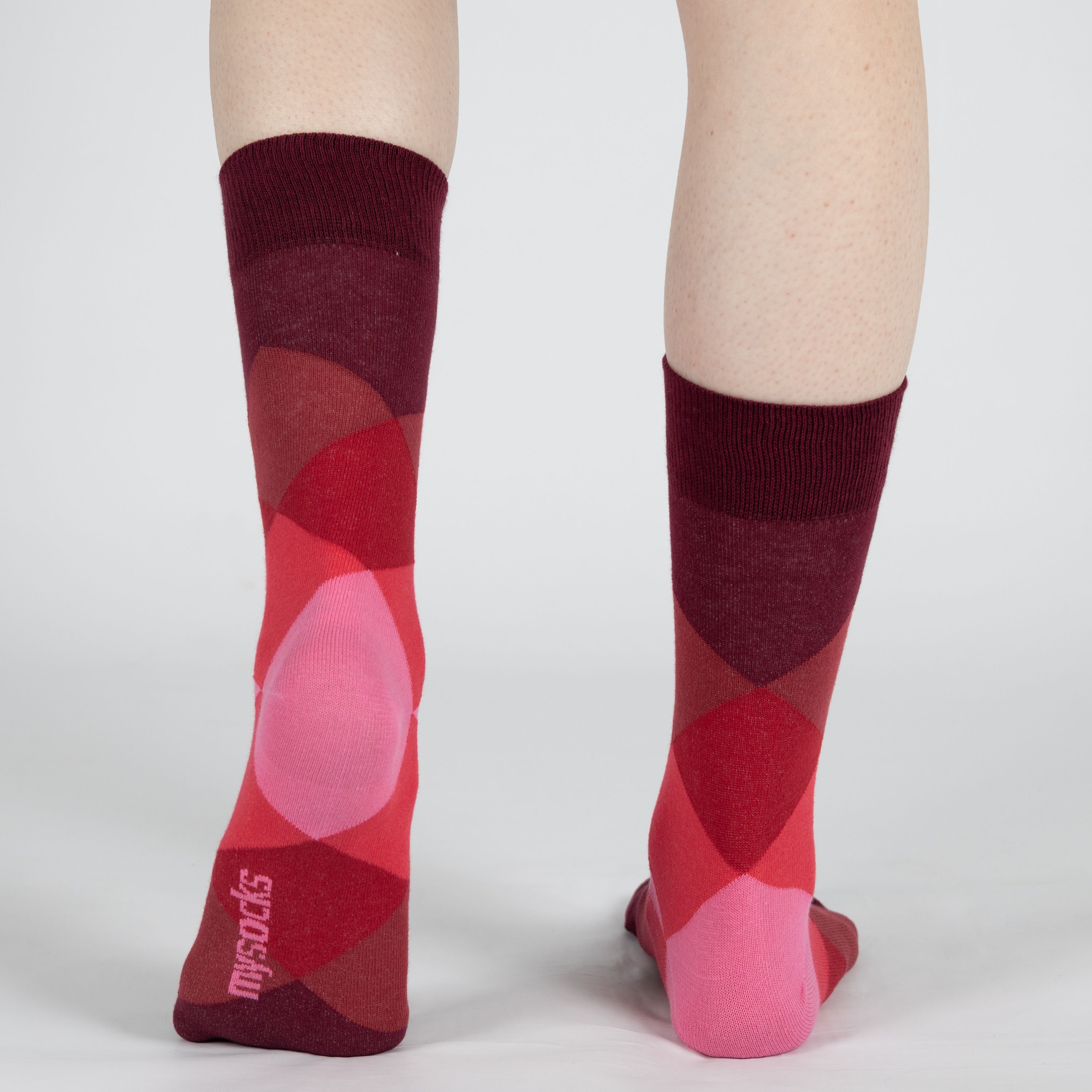 Mysocks unisex diamond design crew red geometric pattern, featuring a seamless toe
