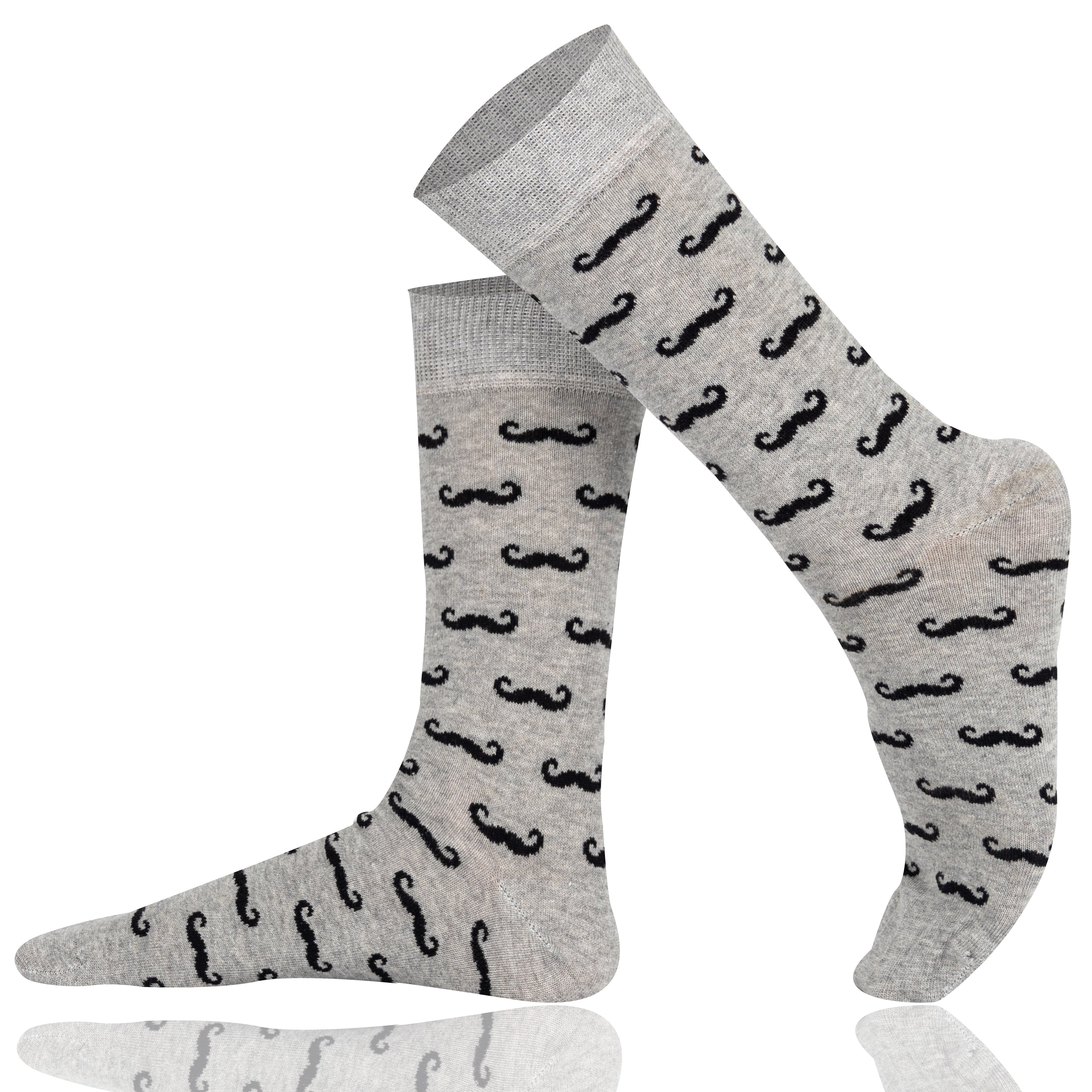 Gray socks with black mustache pattern on a white background
