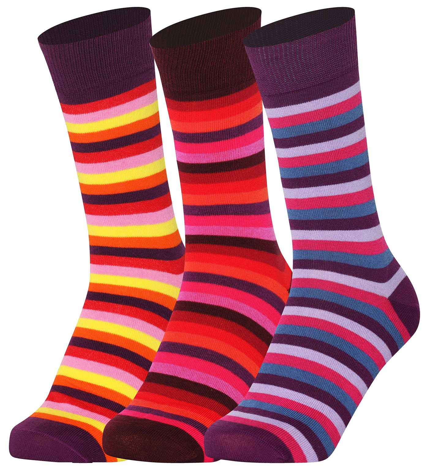 Mysocks unisex multi-colour striped crew socks in green, yellow, and khaki and purple and pink.