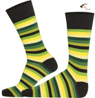 Mysocks unisex multi-colour striped crew socks in green, yellow, and khaki and purple and pink.