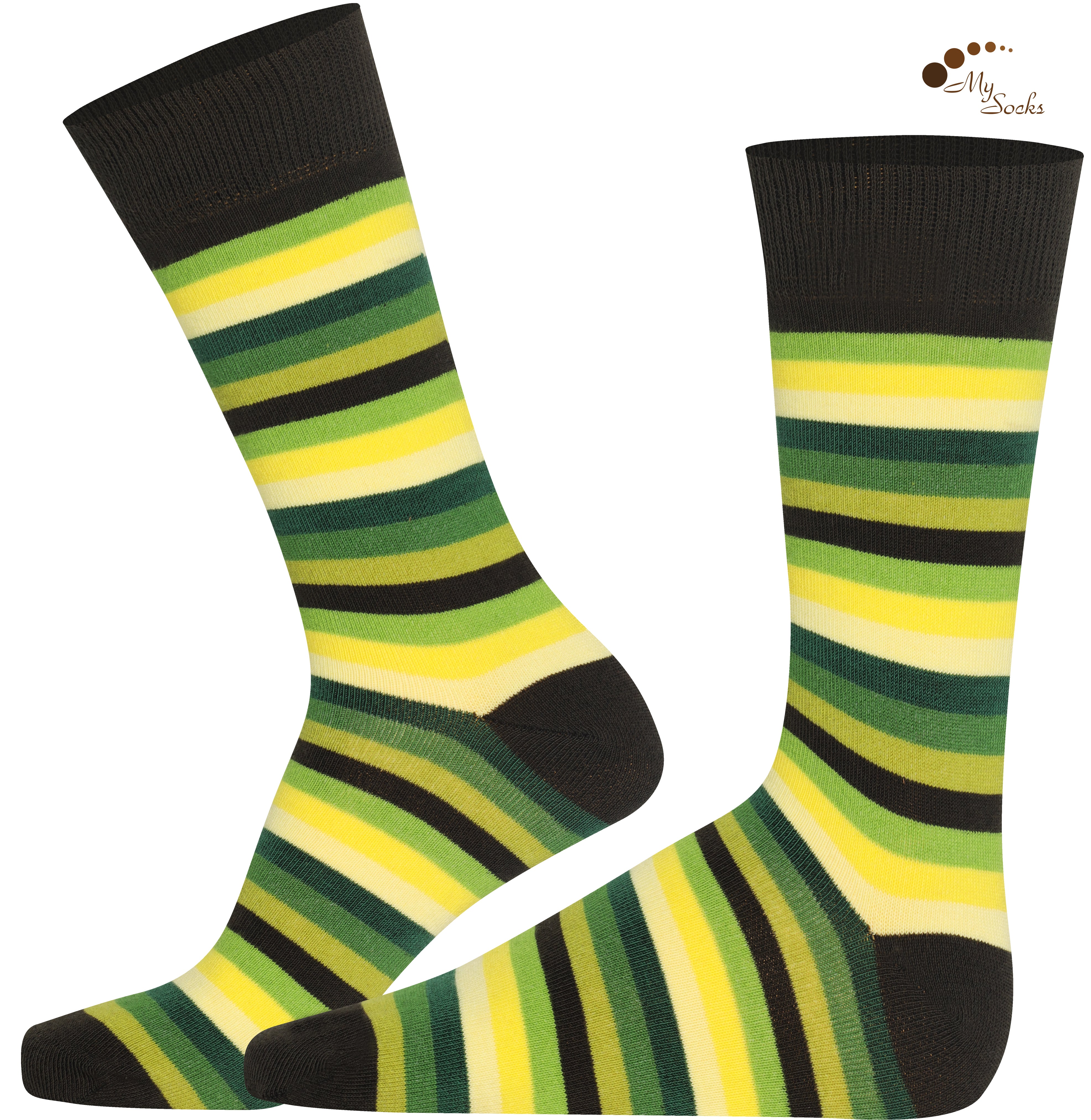 Mysocks unisex multi-colour striped crew socks in green, yellow, and khaki and purple and pink.