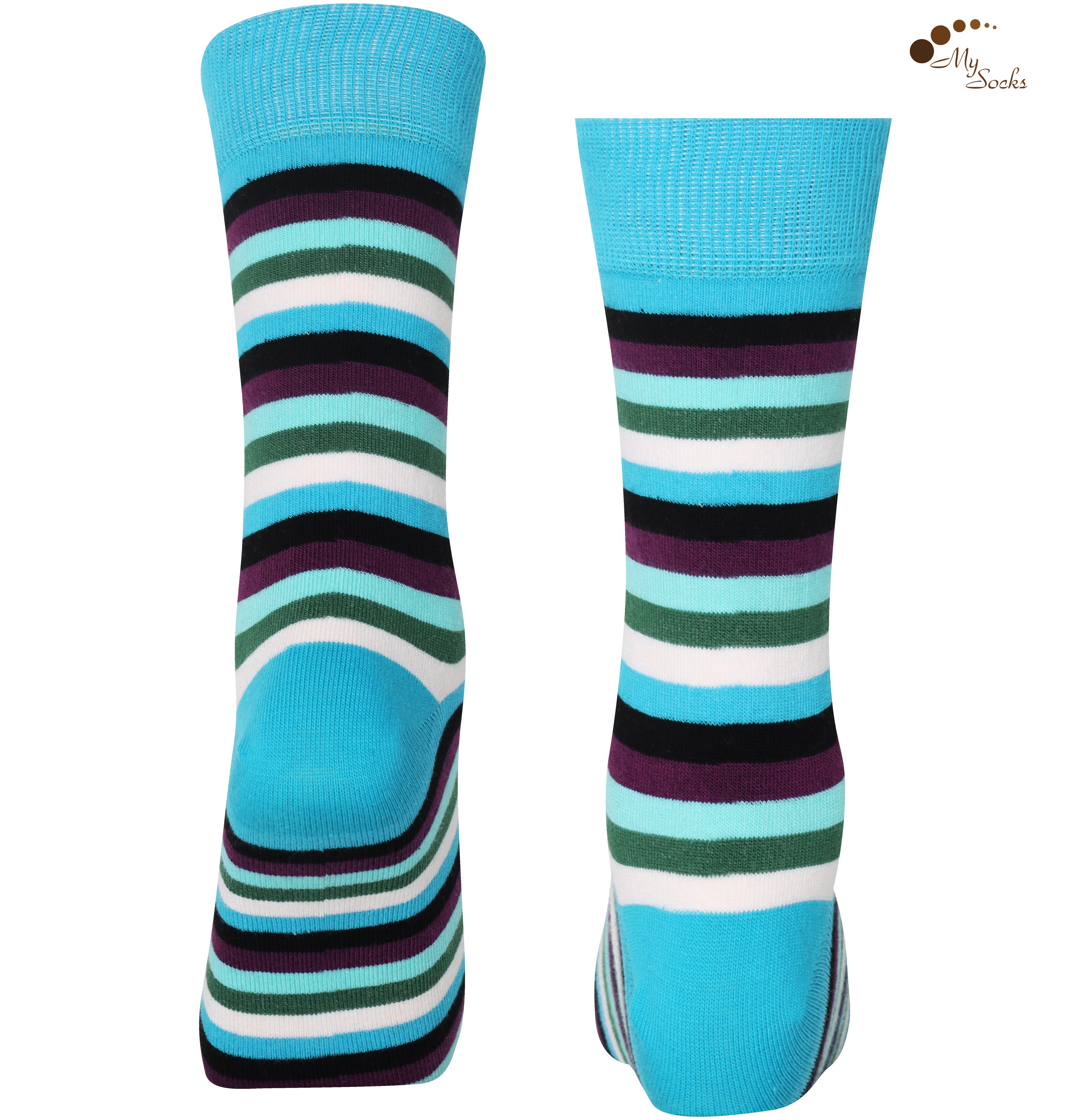 Mysocks unisex multi-colour striped crew socks in green, yellow, and khaki and purple and pink.