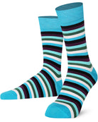 Mysocks unisex multi-colour striped crew socks in green, yellow, and khaki and purple and pink.