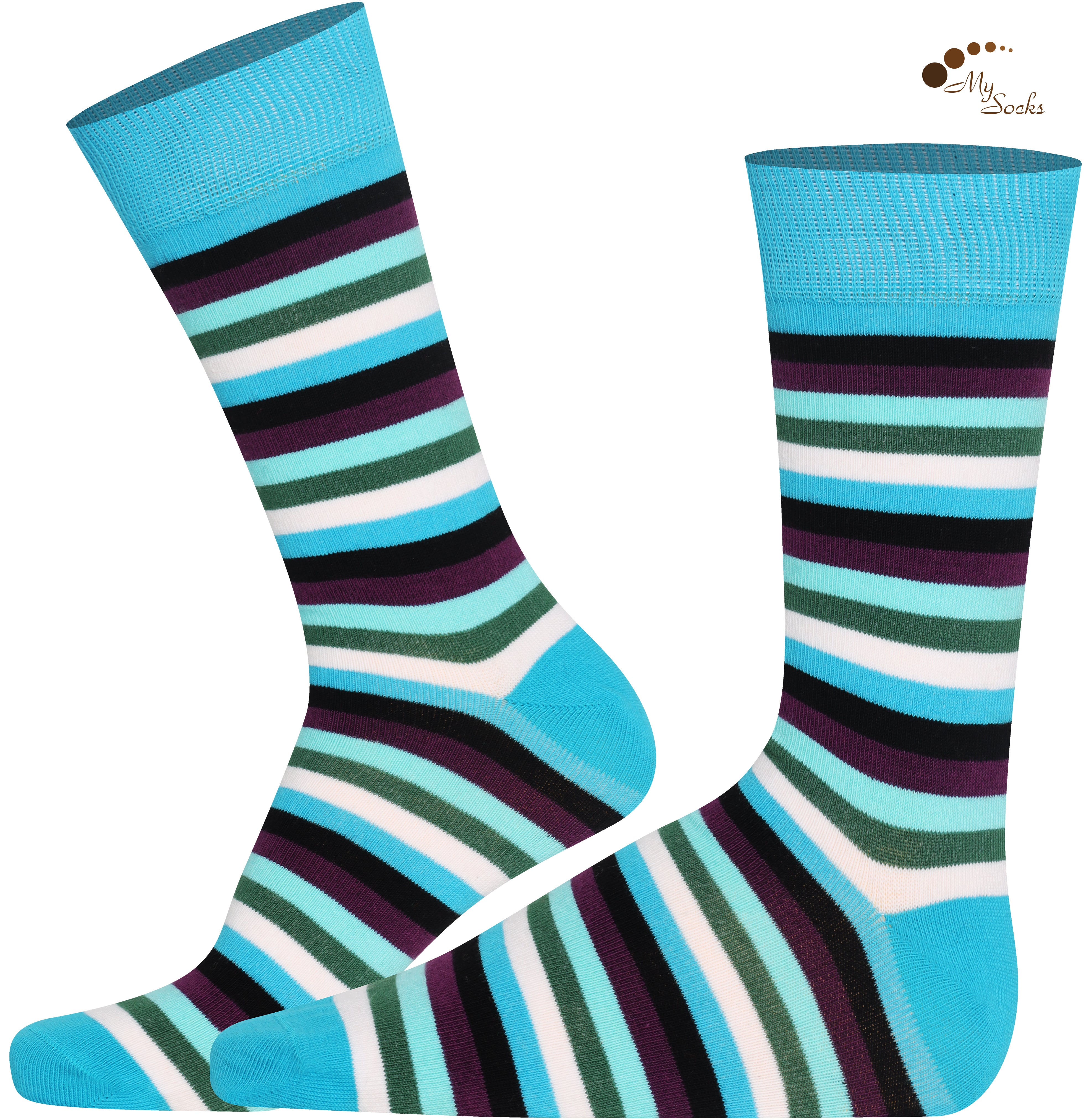 Mysocks unisex multi-colour striped crew socks in green, yellow, and khaki and purple and pink.
