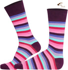 Mysocks unisex multi-colour striped crew socks in green, yellow, and khaki and purple and pink.