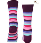 Mysocks unisex multi-colour striped crew socks in green, yellow, and khaki and purple and pink.
