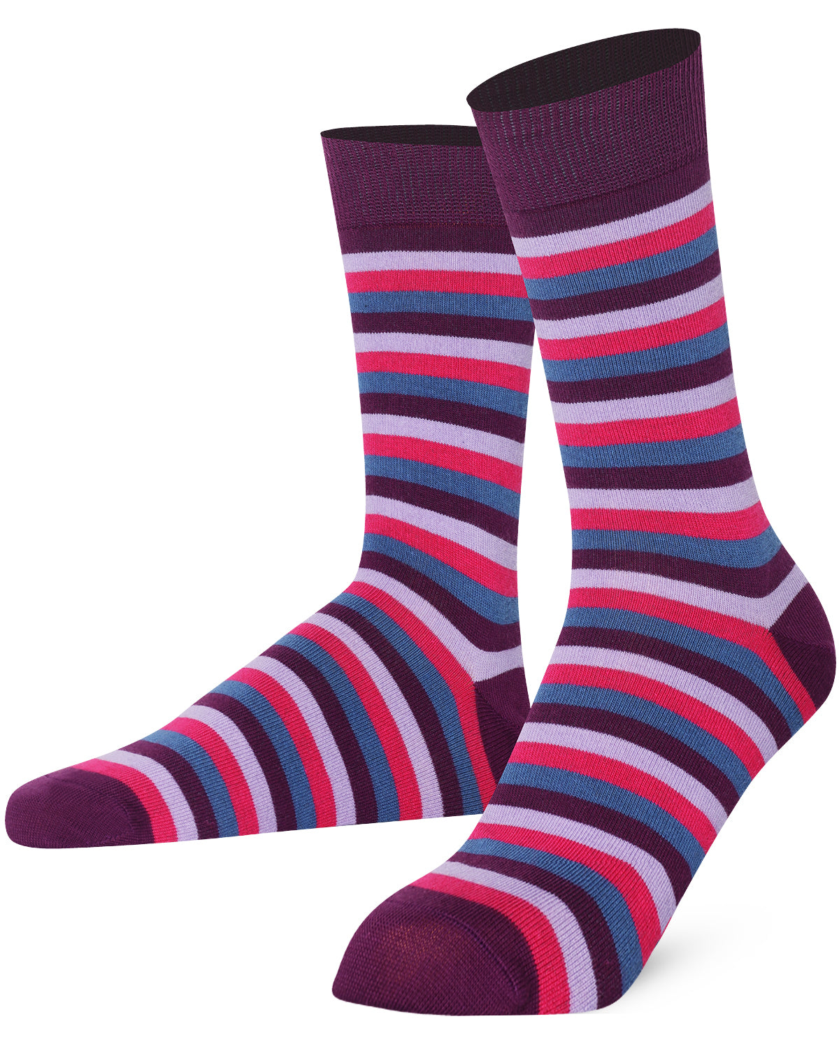 Mysocks unisex multi-colour striped crew socks in green, yellow, and khaki and purple and pink.