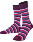 Mysocks unisex multi-colour striped crew socks in green, yellow, and khaki and purple and pink.