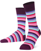 Mysocks unisex multi-colour striped crew socks in green, yellow, and khaki and purple and pink.
