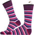 Mysocks unisex multi-colour striped crew socks in green, yellow, and khaki and purple and pink.
