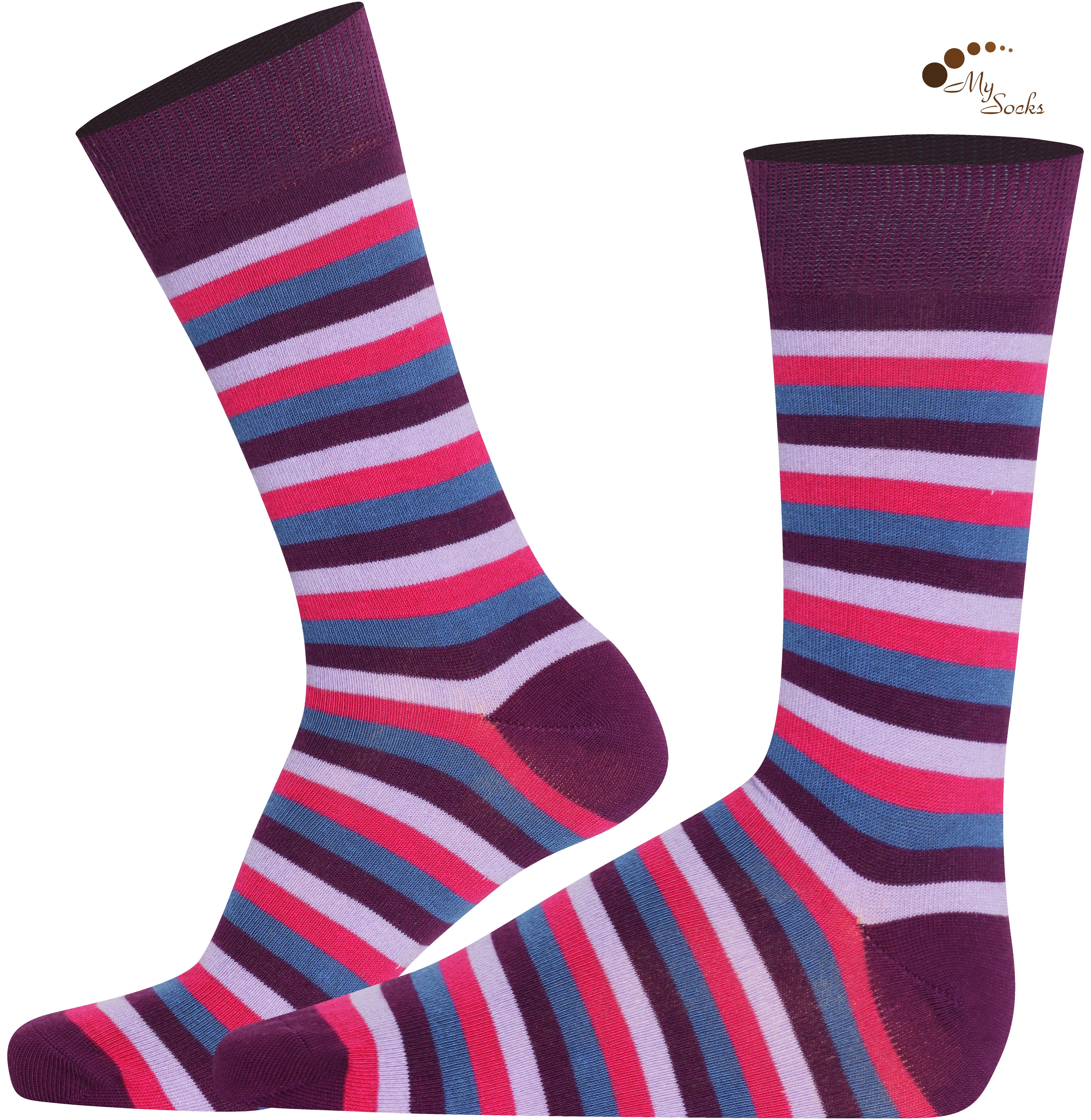 Mysocks unisex multi-colour striped crew socks in green, yellow, and khaki and purple and pink.